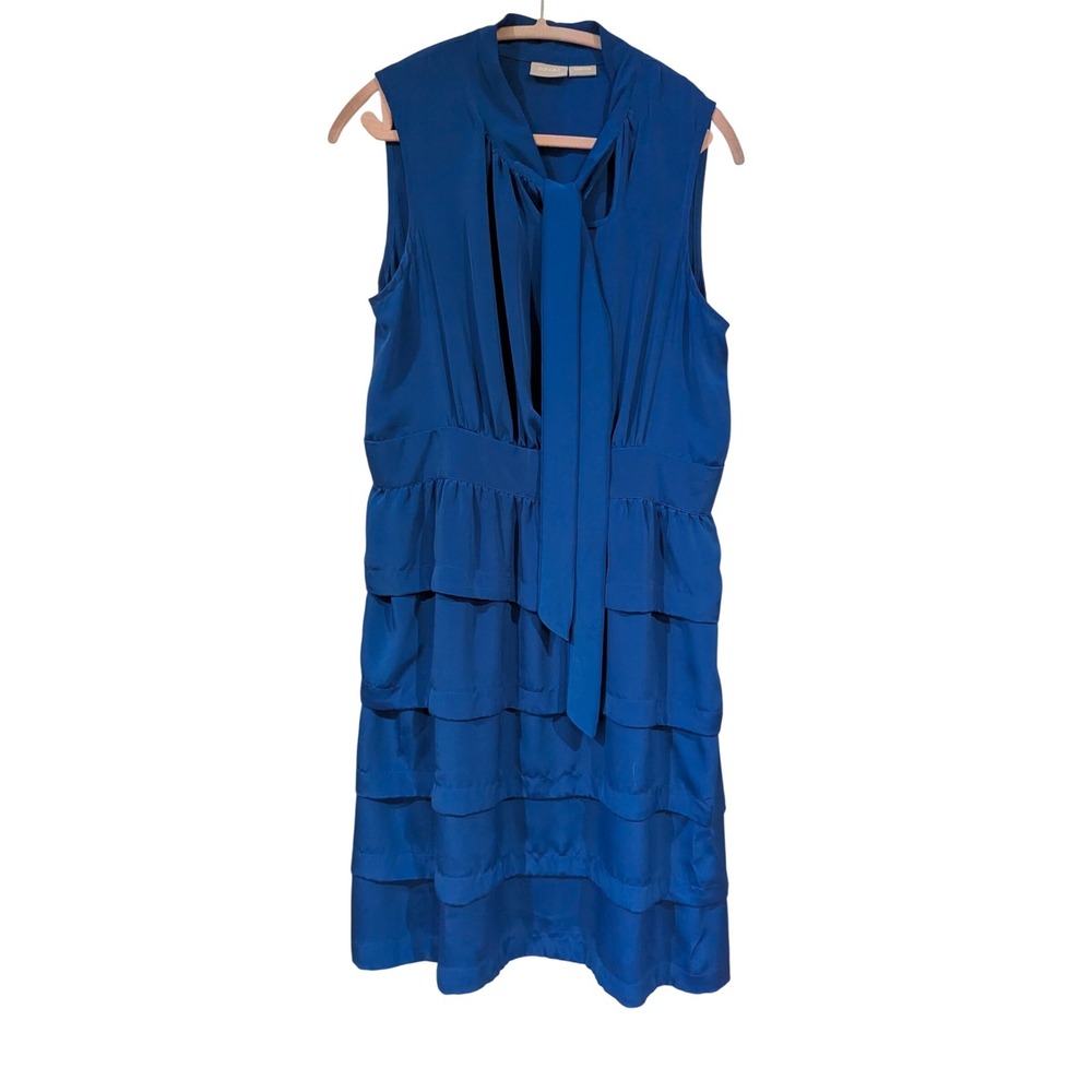 eShakti Tiered Ruffle Dress Custom Royal Blue Tie Neck Sleeveless Smocked Back